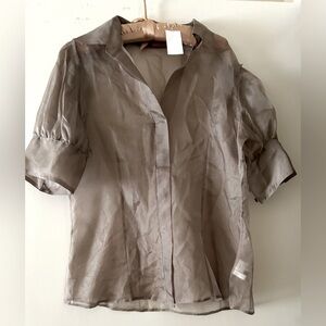 New York & Company Brown Button Down Fitted Shirt